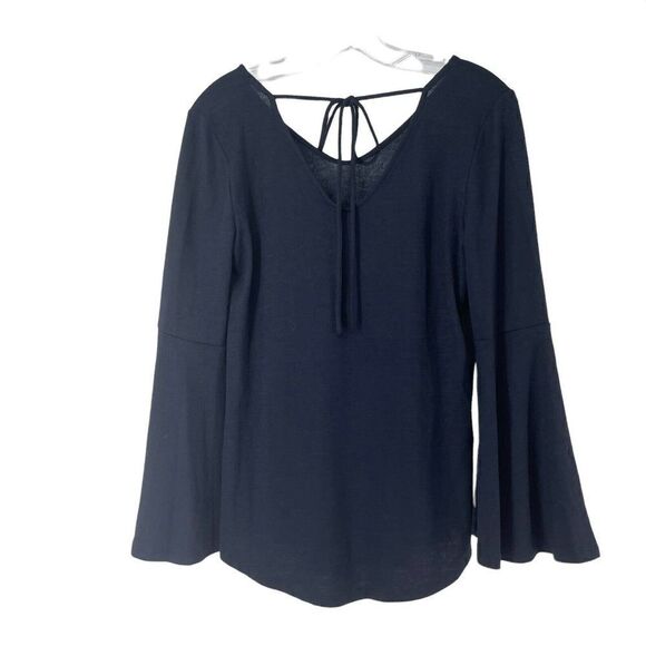 LOFT Bell Sleeve Knit Top Navy Blue V Neck Scooped Back Classic Womens Size S - Picture 2 of 6